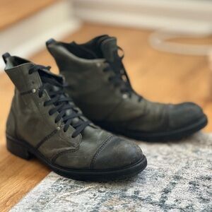 Bottle Green stitch Alder stitch leather combat boots by John Varvatos USA.